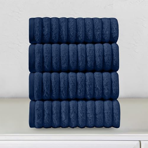 Image of Elegant Comfort Luxury 100% Turkish Cotton Corduroy Ribbed 4 Pack Hand Towel Set 16 x 28 Inch - Absorbent, Super Soft, Quick Dry, Premium Towels for Bathroom, Gym, Spa and Hotel Use, Navy