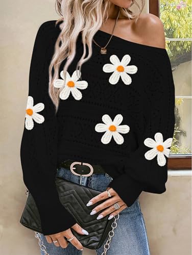 Image of Cakulo Womens Off Shoulder Sweater Top Fall Outfits Fashion 2025 Oversized Knit Batwing Long Sleeve Crochet Flower Sweaters