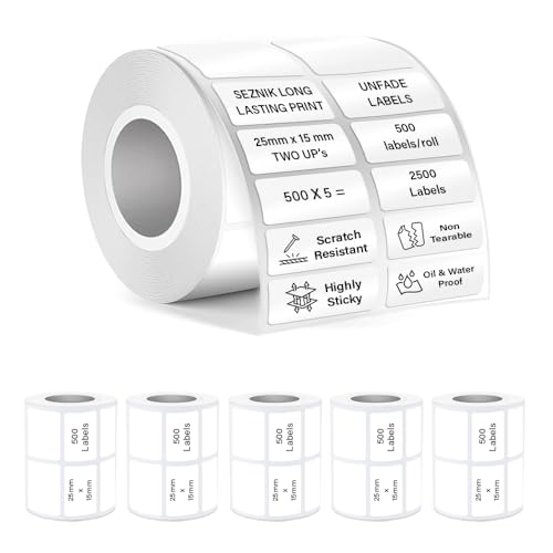 Image of Seznik Waterproof, Non-Tearable, Sticky Thermal Lables, Label Roll, 2 inch Adhesive Thermal Labels for Label Printers (25mmx15mm - 2500 Lables)