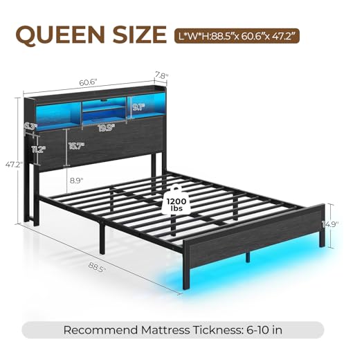 Image of Rolanstar Queen Bed Frame with Storage Headboard & Side Shelf, Metal Platform Bed with Charging Station, LED Bed Frame, Easy Assembly, Noise-Free, Black