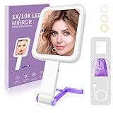 gogofree Makeup Travel Mirror with Light, 10X/1X Double-Sided Magnifying Mirror, Rechargeable Portable Vanity Mirror, Brightness Adjustable, 3-Color Lighting, Tabletop（Purple）