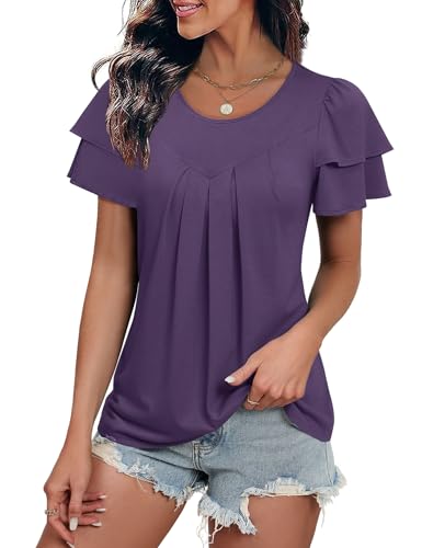 KTILG Women's Summer Tops Ruffle Short Sleeve T Shirts Crewneck Pleated Front Blouse Casual