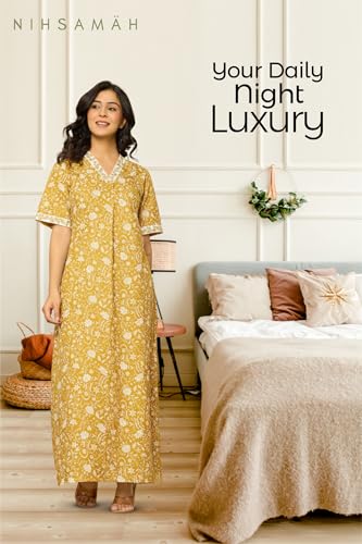 Image of NIHSAMAH Cotton Nighty for Women - Embroidered & Printed Stylish Night Gown, Comfortable Sleepwear Long Nightwear, Maxi