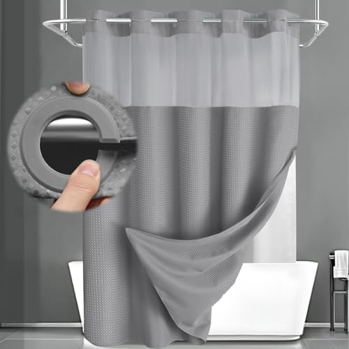 XOGUIBO No Hook Shower Curtain and Liner Set,Grey Hotel Waffle Shower Curtain with Liner 75" L x 72" W