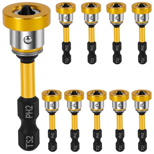 10 Pack Magnetic Drywall Screw Setter Bits, 50mm S2 Steel Screwdriver Bits with 1/4 Hex Shank, Removable Magnetic Ring for Controlled Screw Depth, Compatible with Electric Drill and Driver (Yellow)