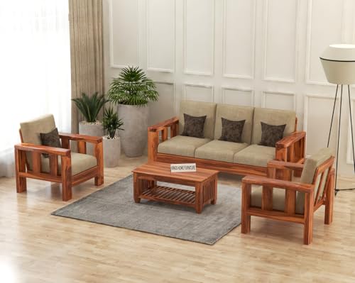 Image of Sheesham Wooden 5 Seater Sofa Set for Living Room | Solid Wood Sofa | Rosewood Sofa Set for Home & Office | Lounge (Honey, 5 Seater)