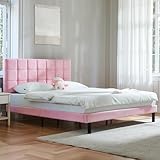 Generic Twin Bed Frame with Headboard, Upholstered Platform Bed, Strong Weight Capacity, Wooden Slats Support and Noise-Free, No Box Spring Needed, Easy Assembly, Pink