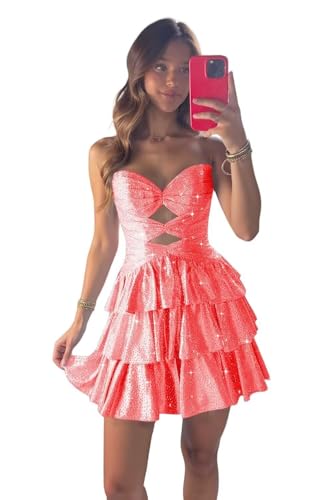 Women's Short Sequins Tiered Homecoming Dresses Sweetheart Neck Backless Prom Gowns ZFF034