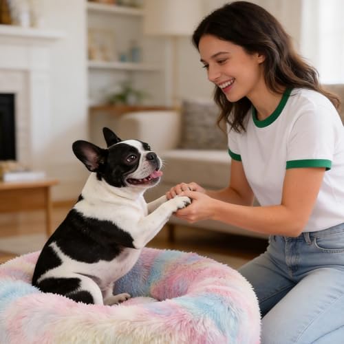 Image of Dog Calming Beds for Medium Large Dogs Round Donut Washable Anxiety Dog Bed | Anti-Slip Faux Fur Fluffy Donut Cuddle Anxiety Large Dog Bed Up to 65 Lbs(32 inch Colorful)