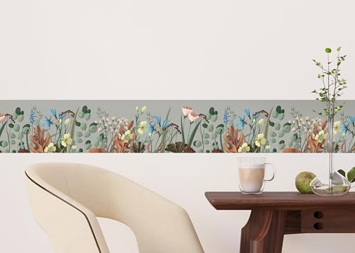 AG Design Selbstklebende Bordüre Blumen, AWB 8406 | Wasserfest Dekoration für Wände, Möbel, Tapeten, Wandverkleidungen und Türen, Folie, Mehrfarbig | Breite 500 cm x Höhe 13.8 cm