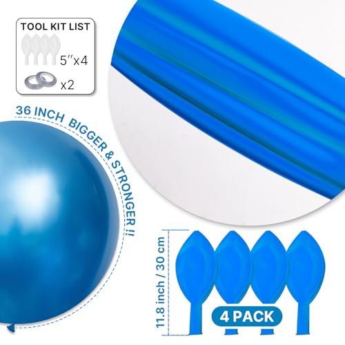 Image of PartyWoo Metallic Blue Balloons 4pcs 36 Inch Chrome Blue Latex Helium Balloons for Graduation Wedding Baby Shower Engagement Baby Shower Wedding Bachelorette Birthday Party Decorations Blue-G106