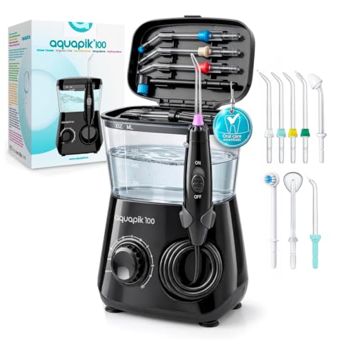 Irrigador Dental Aquapik100® Waterflosser 600 ml 10 Niveles 8 Boquillas Negro