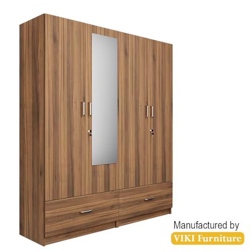 Image of VIKI Wardrobe |Wooden Almirah for 4 Door Wardrobe with 2 Split Drawer & Hanging Space with Mirror (Brussel Walnut - 40D x 160W x 180.8H) | 1 Year Warranty | Free Assembly