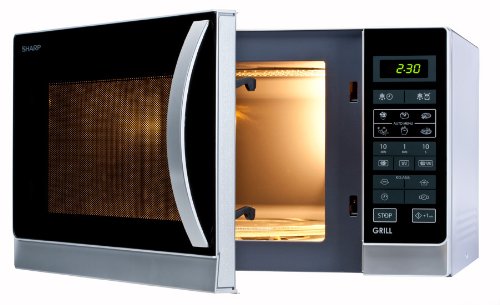 Sharp R742INW 2-in-1 Mikrowelle mit Grill / 25 L / 900 W / 1000 W Grill / LED-Display / 8 Automatikprogramme / Gewichtgesteuertes Auftauen / Kindersicherung / Energiesparmodus / hoher Rost / silber