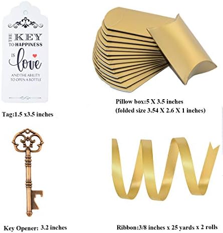 Makhry 50pcs Wedding Favor Souvenir Gift Set Pillow Candy Box Vintage Skeleton Key Bottle Openers Escort Thank You Tag French Ribbon