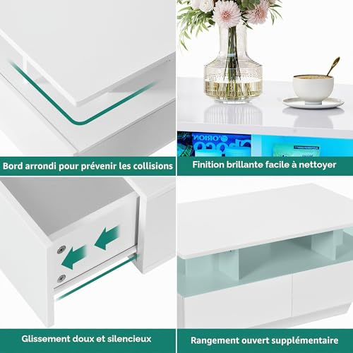 Table basse à LED pour salon moderne YITAHOME rectangulaire blanche