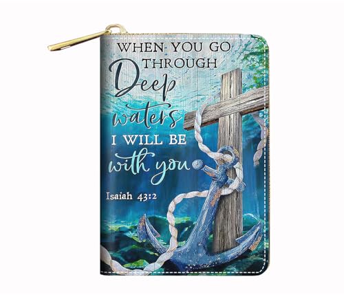BWOOLL RFID Small Credit Card Holder Wallets for Women, Slim Leather Card Case Wallet with Zipper Accordion Wallets, Christian Cross and Anchor Quote Bible Verse Isaiah 43:2