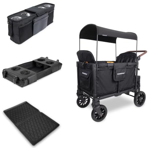 Image of Wonderfold W4 Luxe Pro Bundle - 4-Seater Stroller Wagon with All-Weather Mat, Flex Snack Tray, and Parent Console, Safety-Certified with 5-Point Harnesses - Black