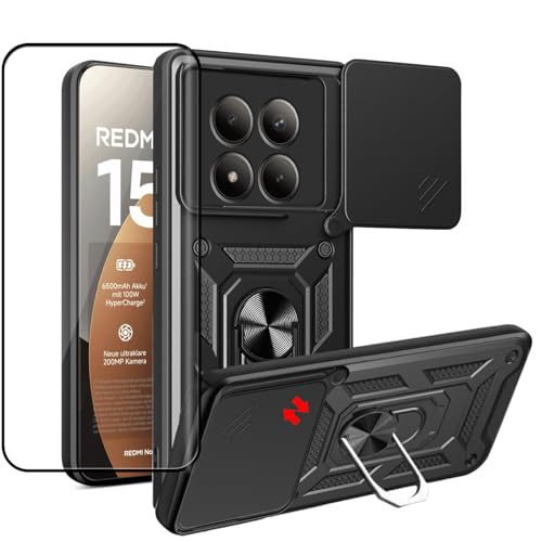 #ColaboraciónPagada<br>Funda para Xiaomi Redmi Note 15 Pro Plus/Poco M8 Pro 5G Cristal Templado Armor Carcasa Militar Antiarañazos con 360° Soporte de Anillo Carcasa con Cubierta de Cámara Deslizante Negro