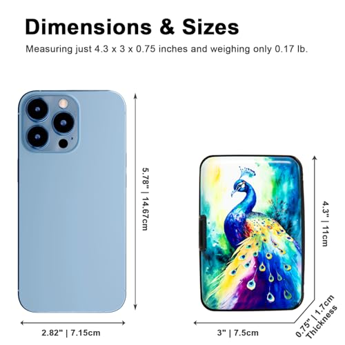 Image of Credit Card Holder Small RFID Blocking Wallet Business Metal Slim Mini Aluminum Hard Case for Women Men, Colorful Peacock, small, Minimalist, Compact, American