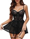 Avidlove Sexy Lingerie for Women Lace Babydoll Sleepwear Boudoir Outfits with Garter Belt Black Medium