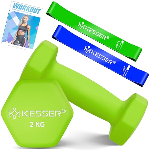 KESSER® Juego de 2 mancuernas de 2 kg – 5 kg, neopreno, hexágono, entrenamiento de fuerza, entrenamiento, fitness, para casa con cuaderno de ejercicios, 2 bandas de fitness