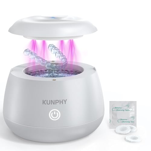 Limpiador ultrasónico de retención: kunphy 48 kHz limpiador ultrasónico con pastillas de limpieza de retenedor para alineadores, protectores nocturnos, protectores bucales deportivos, aparatos