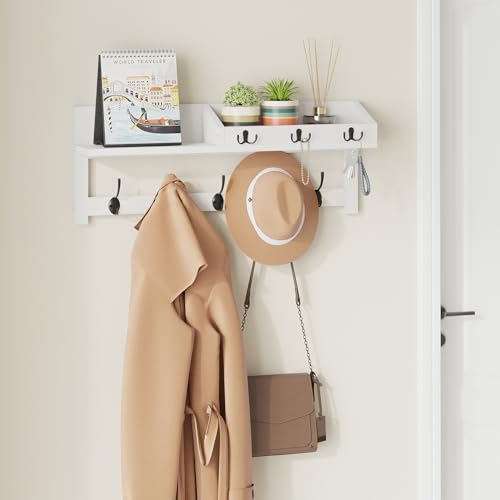 Image of AMBIRD Wall Hooks with Shelf, 26.57 Inch Entryway Wood Coat Hooks for Wall, Coat Rack Wall Mount with 5 Dual Hooks 3 Key Hooks Mail Organizer and Key Rack Holder (White)