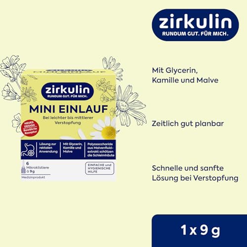 Zirkulin Mini-Einlauf, Einlauf bei leichter bis mäßiger Verstopfung, mit Glycerin, Kamille und Malve, stimuliert die Darmentleerung, 1 x 6 Mikroklistiere à 9g