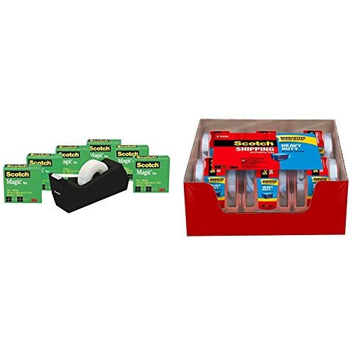 Scotch Brand Magic Tape with Black Dispenser, Numerous Applications, 3/4 x 1000 Inches, Boxed, 6 Rolls, 1 Dispenser & Tape Heavy Duty Shipping Packaging Tape, 1.88 Inches x 800 Inches