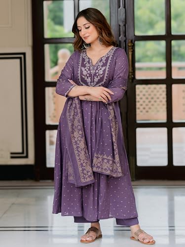 Image of Arayna Women's 100% Pure Cotton Anarkali Kurta Set with Pant & Dupatta | Embroidered Flared Kurta | Elegant Ethnic Suit