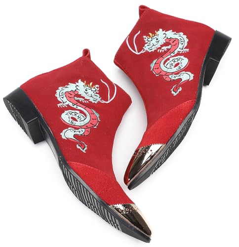Santimon Men’s Suede Red Dress Chelsea Boots – Dragon Embroidered Pointed Toe Ankle Boots with Gold Metal Cap – Stylish Casual Cowboy Boots for Stage, Party, Festival, Clubwear4