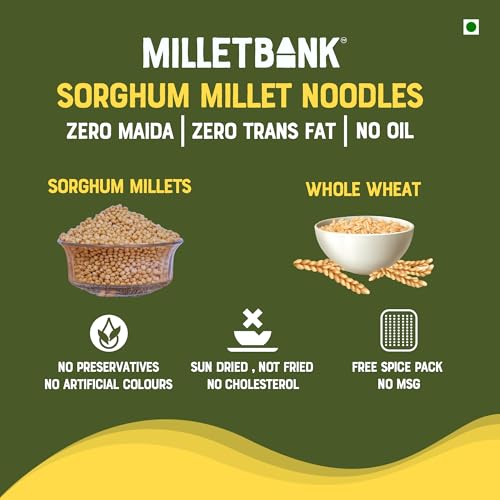 Image of Millet Bank No Maida Sorgum Hakka Noodles Combo Free Masala Pack Inside, Not Fried, No MSG, No Added Preservatives,Millet Bank Noodles Noodles for all ages Pack of 2 180g Each