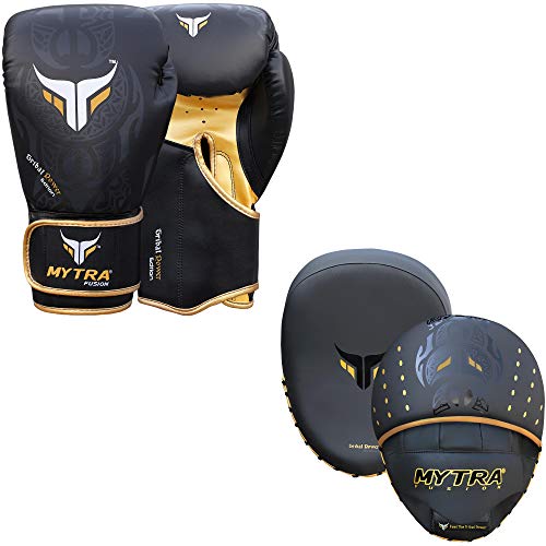 Mytra Fusion Boxing Gloves & Focus Pads Set Fitness for Gym or Home Training Kit (Black, 16-oz)
