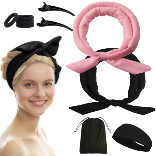 NICPOO No Heat Rollers Hair Curlers for Long Hair,2 Pcs Styler Headband to Sleep in,Curling Ribbon for Women.Mini Hair Ties Styling Accessories Tools.(Pink+Black)