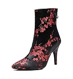 TDA Women's Stiletto Heel Pointed Toe Plum Flower Print Black Red Satin Zipper Social Tango Prom Modern Dance Boots Wedding Party Sandals Boots 8 M US