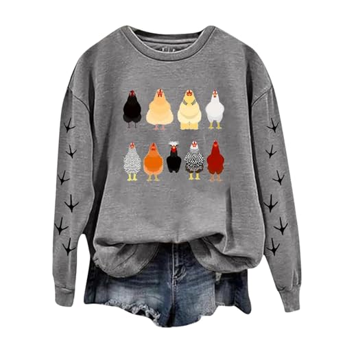 Sweat gris imprimé poulet pour femme à col rond et manches longues taille S