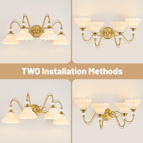 Image of Vintage Bathroom Vanity Light, 4-Light Brushed Gold Finish Wall Sconce with Hanging Crystal Accents and Flower-Shaped White Glass Shades, Retro Wall Mount Vanity Light Over Mirror for Bathroom