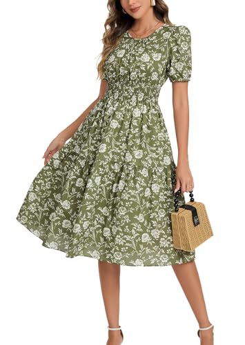 Image of Kormei Women Summer Casual Boho Floral Round Neck Short Sleeve Smocked Waist Tiered Flowy Swing Midi Dress L Floral Green