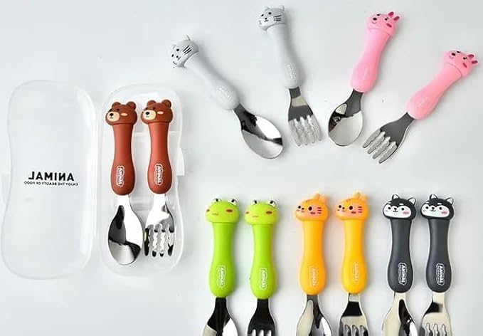 Image of Bekner Kids Cutlery Set, Stainless Steel Spoon and Fork with Animal Design Handles, 14.7 cm, Multicolor, Pack of 2 (Pink)