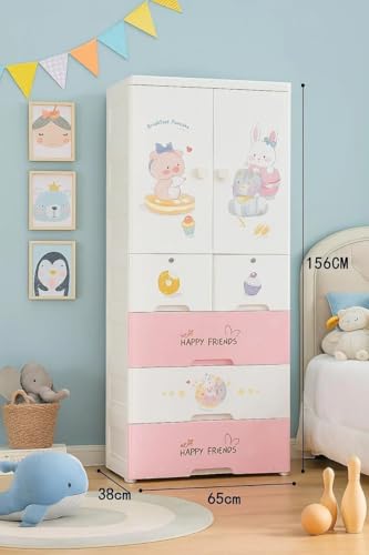 Image of Portable Collapsible Wardrobe for Kids Plastic Storage - Cloth Organizer Cupboard /Multipurpose Storage /Closet for Bedroom /Living Room /Easy to Assemble Room & Home (Pink White)