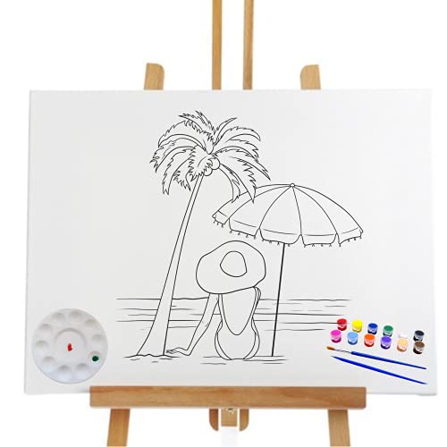 Essenburg Pre Drawn Canvas Paint Kit | Teen, Kids and Adult Sip and Paint Party | DIY Date Night Couple Activity| Canvas Boards for Painting| Birthday Party Beach Lady ((S 8x10 Canvas ONLY))