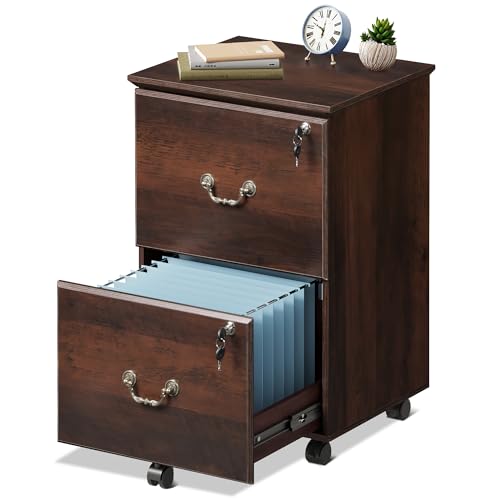 DEVAISE File Cabinet 2-Drawer, Small Office Furniture with Lock, Rolling Under Desk Filing Cabinet for Home Office, Brown Oak