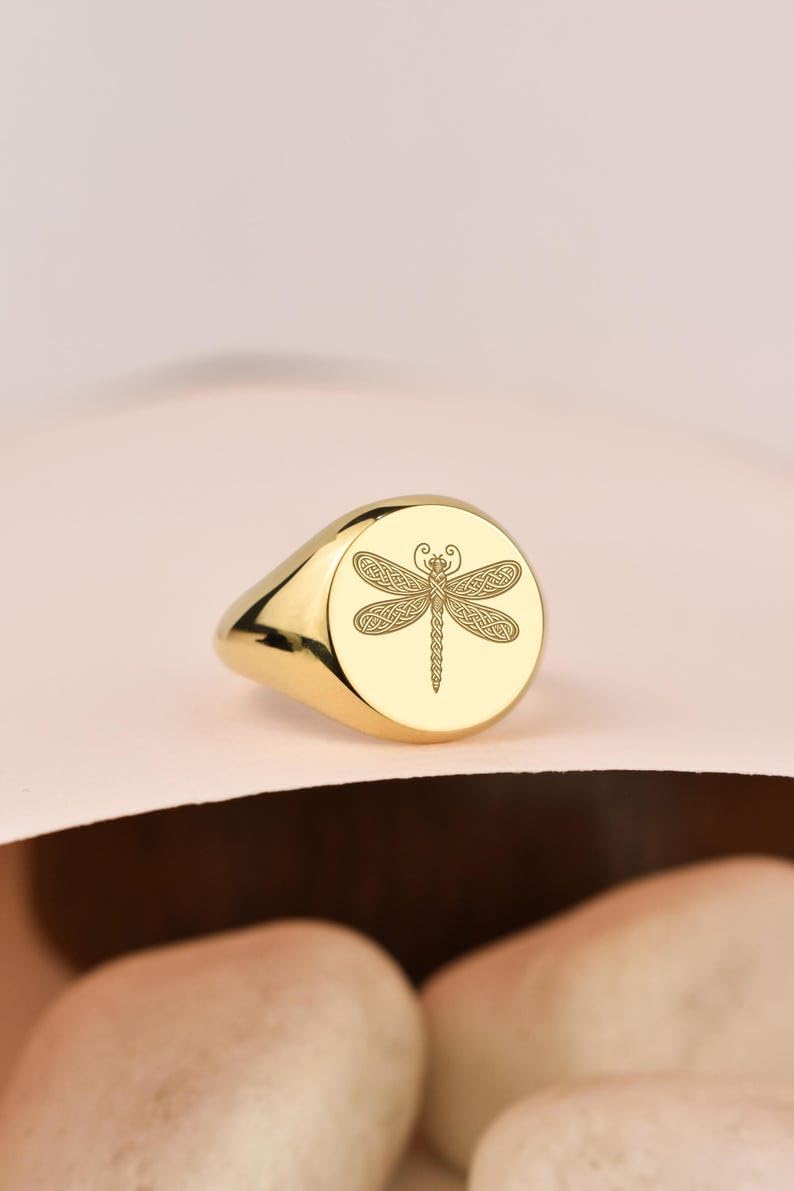 ZOYLA celtic knot dragonfly signet ring| nature spirit insect engraved mystical guardian animal jewelry| gold plated brass,(Choose Your Size US 5-12.5) |KB_BR_00086