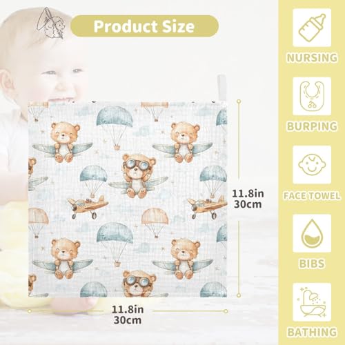 Image of vvfelixl Cute Bear Pilot Baby Burp Cloths Baby Muslin Washcloths for Boys Girls Cotton Babys Face Towel for Newborn Infants Soft and Absorbent 11.8 X 11.8 in, 5 Pack
