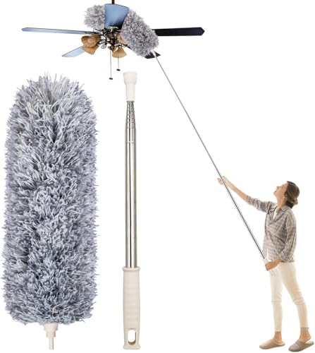 HEOATH Microfiber Feather Duster with Extendable Pole 30-100 inches Extra Long Cobweb Duster for Cleaning Bendable Head Non-Scratch Washable Duster for Ceiling Fan Furniture Gray