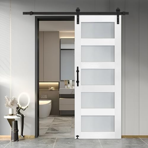 Image of S&Z TOPHAND 21in x 84in Glass Sliding MDF Barn Door with Sliding Door Hardware Kit, 5 Tempered Frosted Glass, Slab Inside Covered with Water-Proof PVC Surface, Simple DIY Assembly