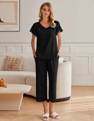 Image of Ekouaer Womens Cotton Pajamas Sets Short Sleeve Capri Pants with Pockets