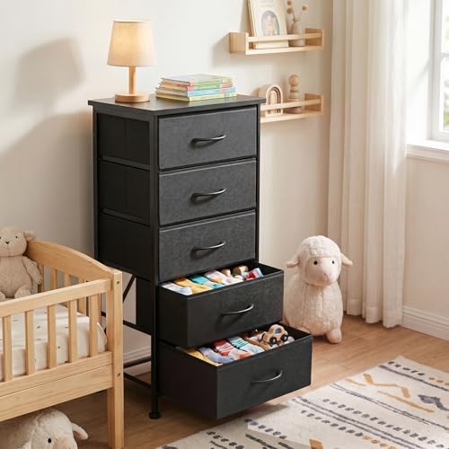 Image of Fixwal Black Tall Skinny Dresser for Bedroom, Narrow Storage Dresser Organizer with 5 Fabric Drawers, Nightstand Furniture in Closet, Entryway, Hallway