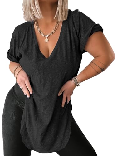 Womens Deep V Neck Tops Summer Short Sleeve Oversized T Shirt Side Slit High Low Tunic Tops